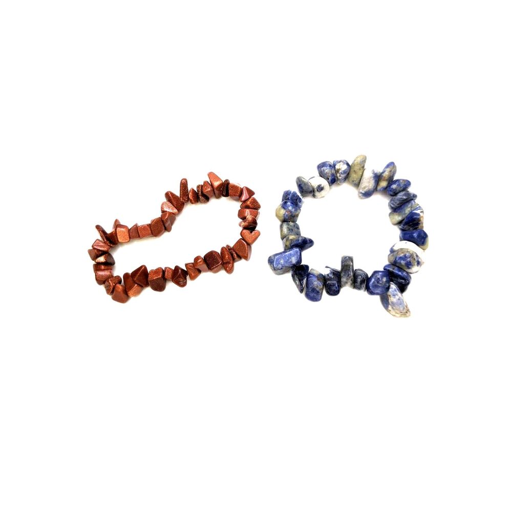 2 Semi Precious Gemstone Chip Bracelet Sodalite Goldstone Stretch Metaphysical